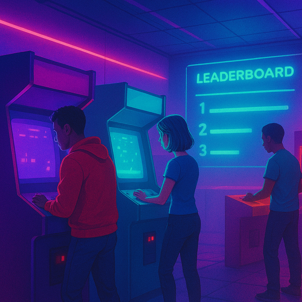 ArcadeForge hero: stylized neon arcade scene